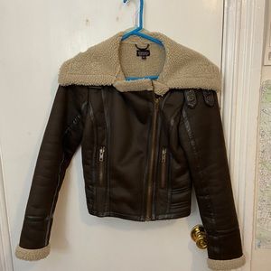 Topshop Soft Brown Sherpa Lined Bomber MOTO Jacket